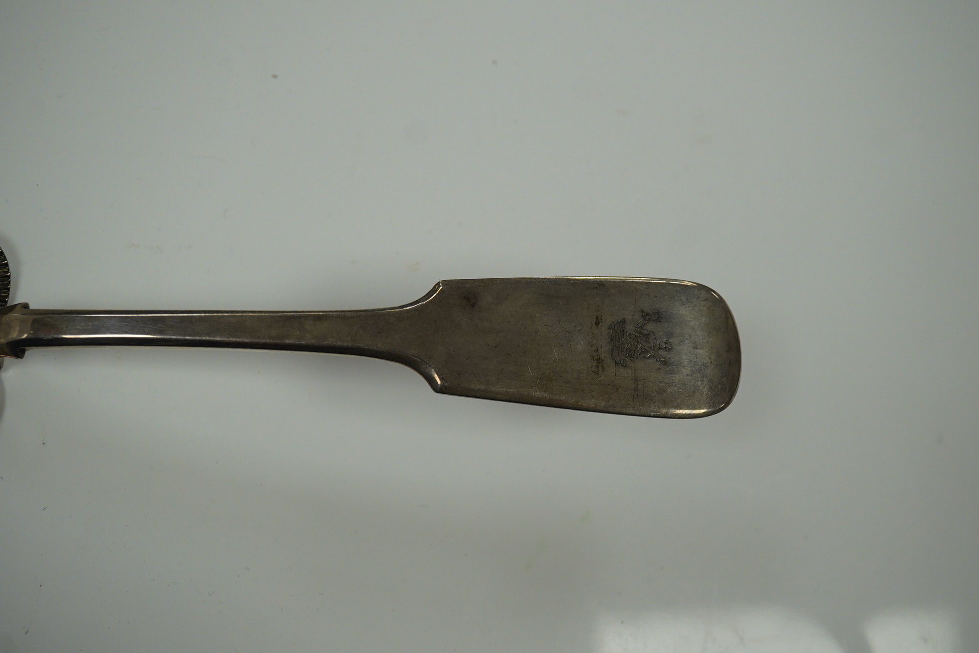 A George III silver fiddle pattern fish slice, William & Samuel Knight, London, 1813, 30.4cm, 136 grams. Condition - fair